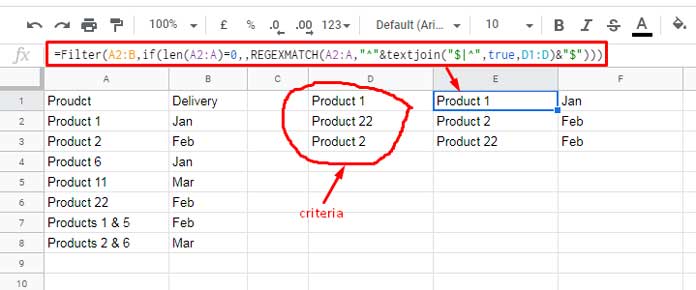 Filter Exact Match Using Regular Expression in Google Sheets