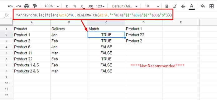 Regexmatch Exact Match - Multiple Conditions ArrayFormula