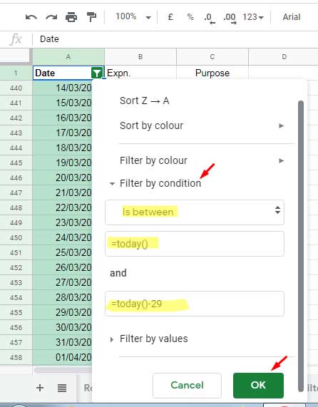 Filtrer les N derniers jours dans Google Sheets - Menu Filtre