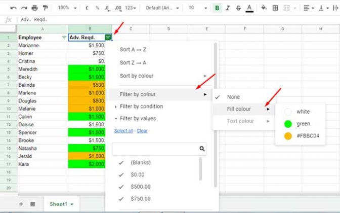 Filter or sort by font or cell color in google sheets built in feature