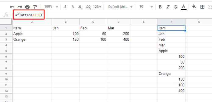 Example to the FLATTEN Function in Google Sheets