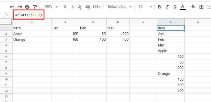 FLATTEN function flattens a range by scanning row by row