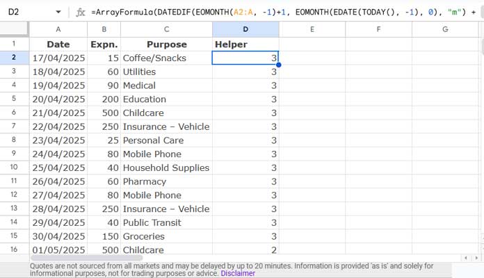 Helper column for filtering rolling N months in Google Sheets