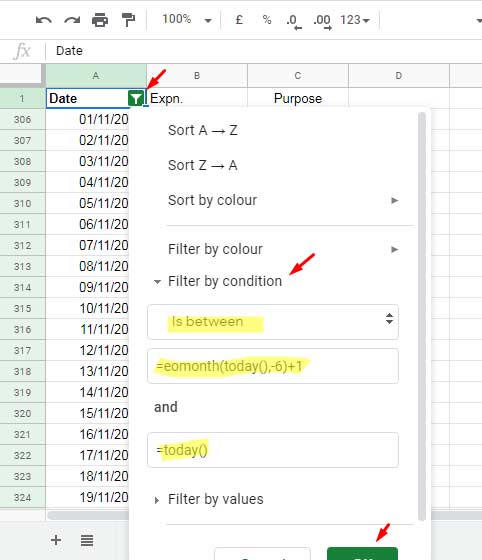 Filter Rolling N Months in Google Sheets - Filter Menu