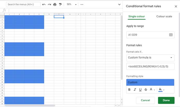 Colorer un ensemble de lignes alternées dans Google Sheets