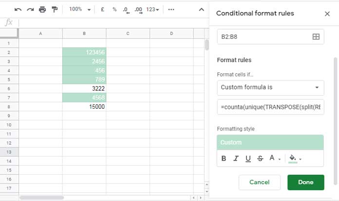 Highlight Unique Digit Numbers in Google Sheets