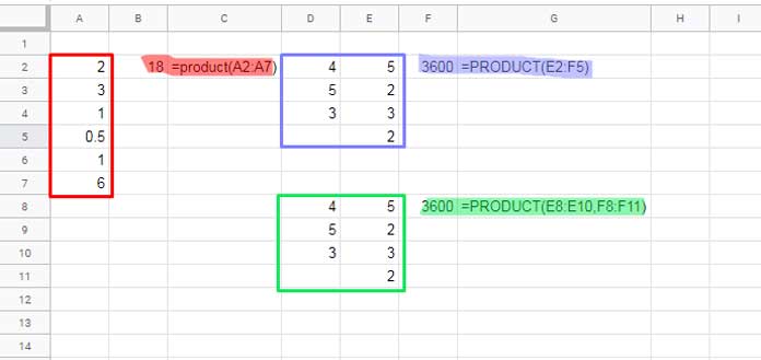 Product Function Example in Google Sheets