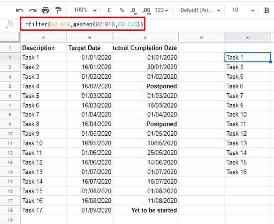 Using the GESTEP Formula with the FILTER Function in Google Sheets to Filter Tasks by Completion Date