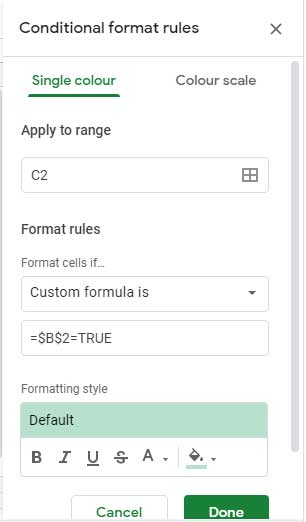 Inserting the Rules in Format Panel in Google Sheets