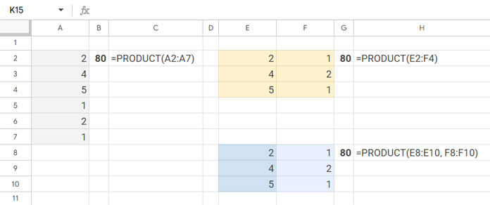 PRODUCT function examples using different ranges in Google Sheets