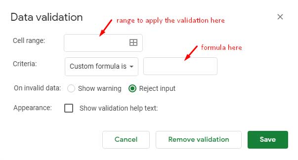 Reject a List - Data Validation Settings in Google Sheets