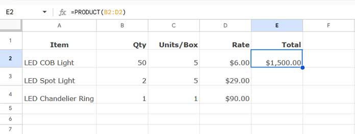 PRODUCT function used to multiply row values in Google Sheets