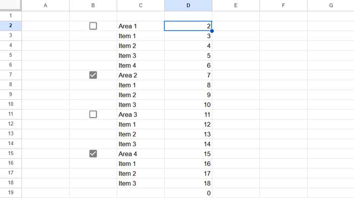 Screenshot showing row number array limited to the last non-blank row in Google Sheets