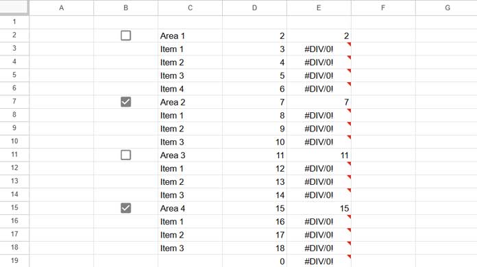 Screenshot displaying how row numbers are returned only where checkboxes are present in Google Sheets