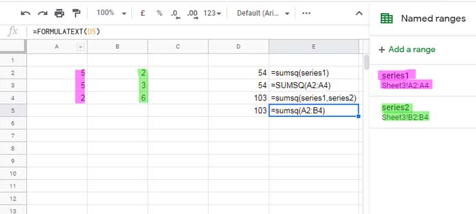 SUMSQ function examples in Google Sheets