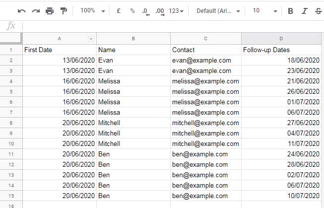 Follow-Up Schedule Table Using Formulas in Google Sheets