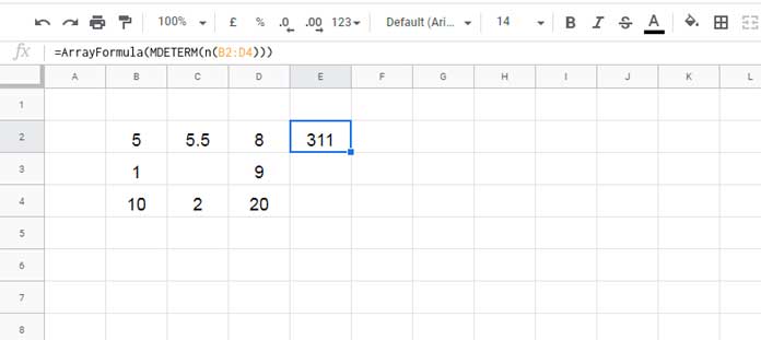 Error in Determinant Calculation in Google Sheets