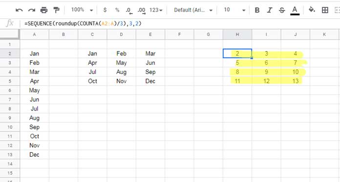 Sequence in Hlookup Index Argument in Sheets
