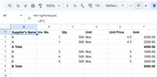 Example of inserting group total rows in Google Sheets, demonstrating a simple formula-based approach