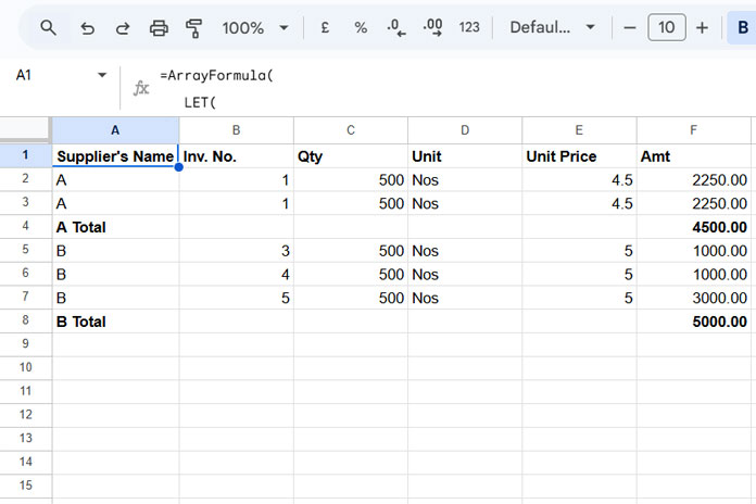 Example of inserting group total rows in Google Sheets, demonstrating a simple formula-based approach