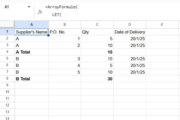 Example of handling a dataset in Google Sheets where the column to total is not the last column, using a formula-based approach