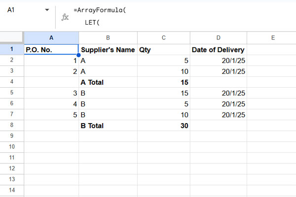 Example of inserting group totals in Google Sheets when the category column is not the first column