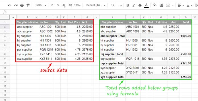 Inserting Group Total Rows in Google Sheets