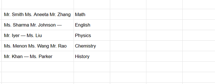 Example of flattened lookup range created by HSTACK with combined teacher columns and subject column