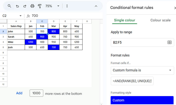 Conditional Format Panel Settings for Highlighting Max Value While Leaving Duplicates in Row-Wise