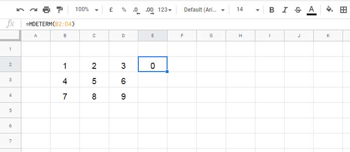 Example to MDETERM Function in Google Sheets