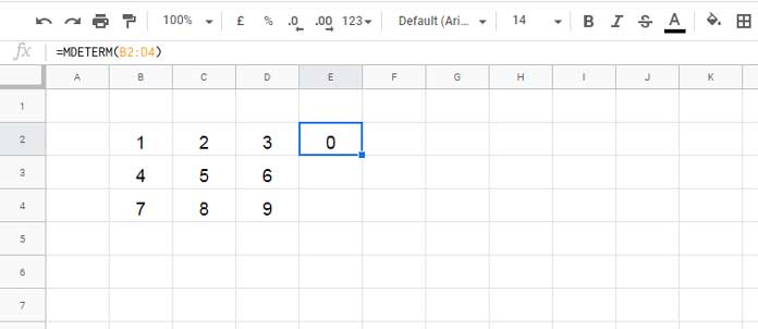 Example of the MDETERM Function in Google Sheets