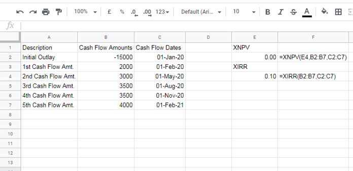 XIRR function in Google Sheets - Example