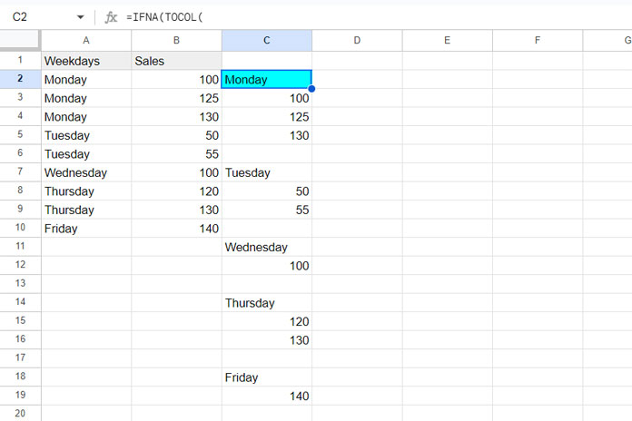 Merging values from two columns with added empty cells between categories