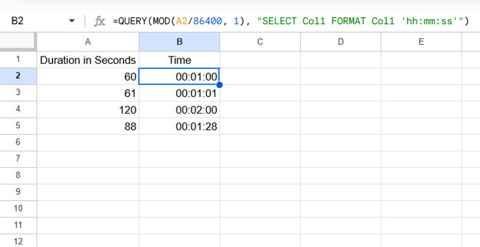 Example showing how to convert seconds to HH:MM:SS time format in Google Sheets using a formula