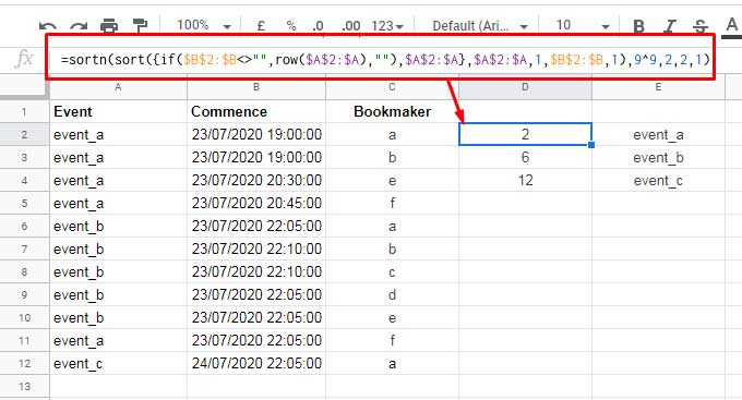 Step 3 - Row numbers to highlight earliest events in Google Sheets