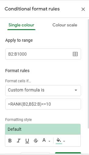 Single Color Format Rule Settings