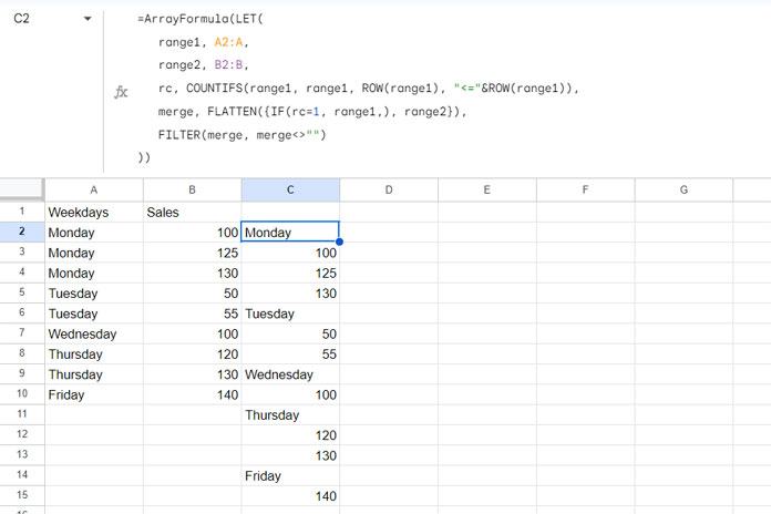 Merging two columns by placing values below categories in Google Sheets