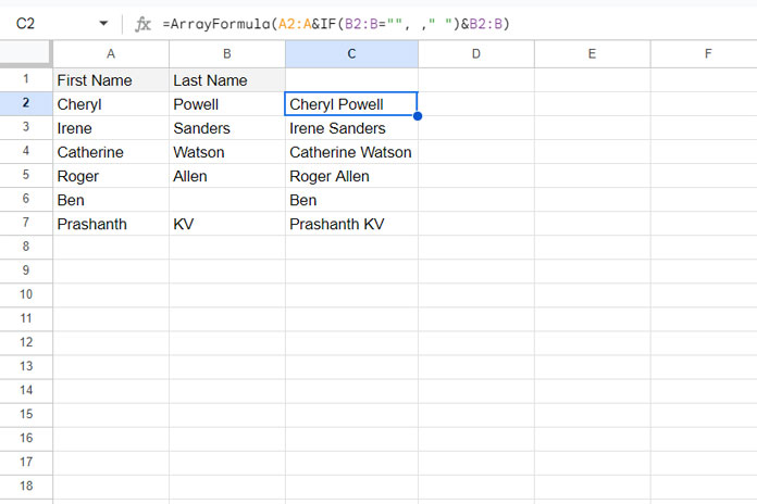 Merging values from two columns by concatenating in Google Sheets