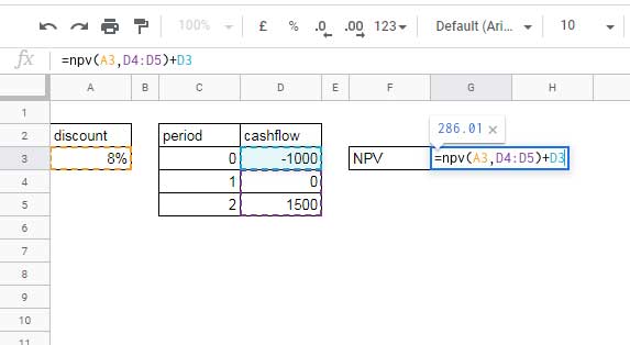 npv function correct usage in google sheets