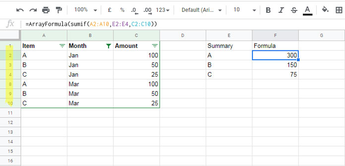 All the rows in criteria based sum in Google Sheets