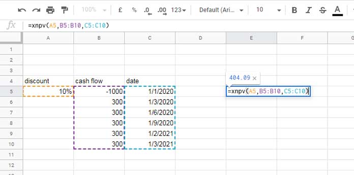 XNPV function example in Google Sheets