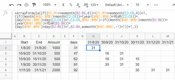 example to allocating days into monthly columns