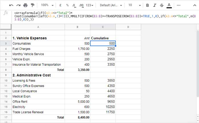 Conditional running total array formula in Google Sheets