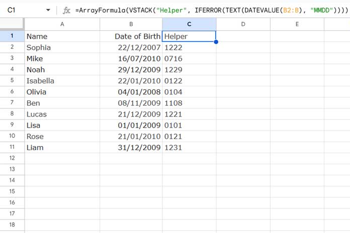 Helper formula added to sort by date of birth