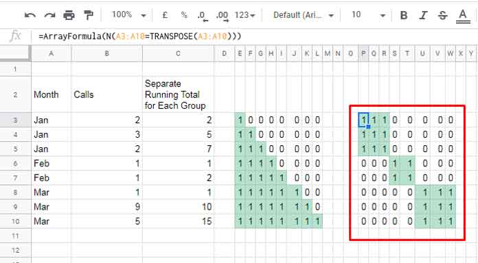 Condition 2 in running total array formula