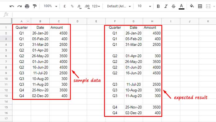 Example of inserting blank rows between each group in Google Sheets