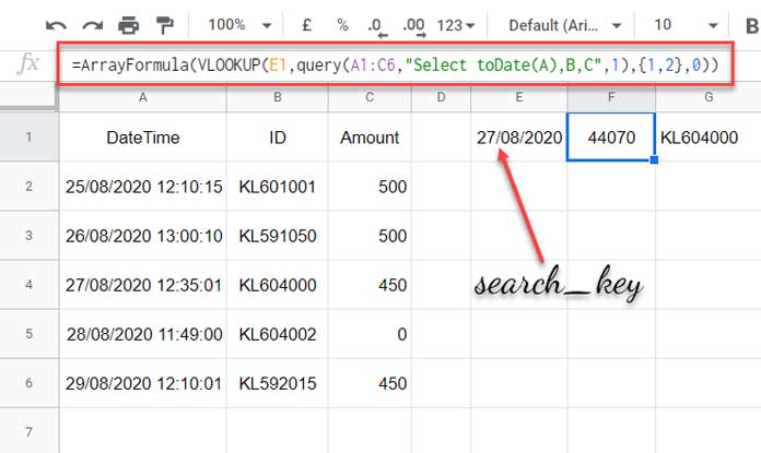 Vlookup Date in a Timestamp Column in Google Sheets