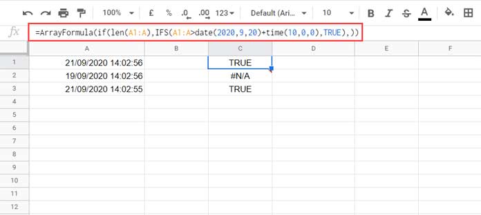 Datetime within IF function in Google Sheets - Array formula use