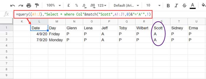 Example to Match function in the Query Where clause in Google Sheets