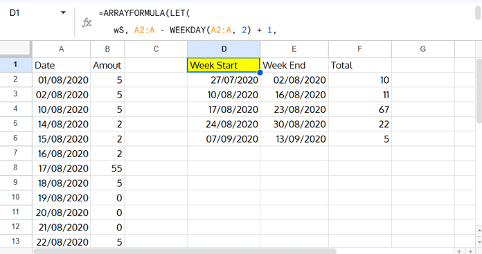 Summarize data by week start and end dates showing only weeks with transactions in Google Sheets